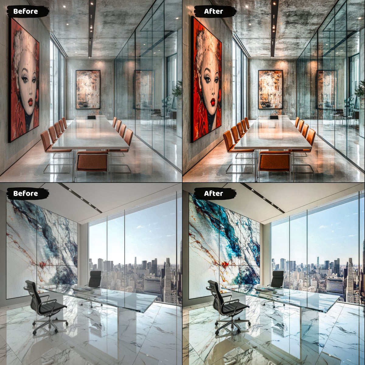 Before and after comparisons demonstrating the effect of real estate lightroom presets on modern office interiors with city views and striking artwork.