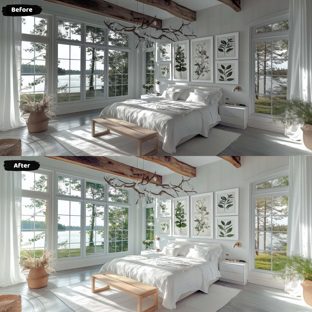 Scandinavian-style bedroom with a lake view, optimized using real estate Lightroom presets, highlighting the natural light and minimalist design.