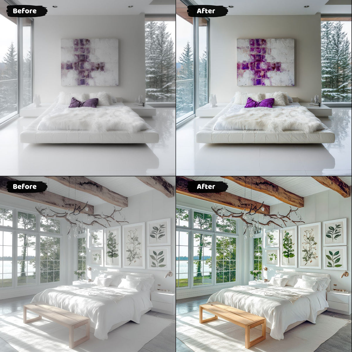 Modern bedroom interior transformed with real estate lightroom presets, highlighting white decor and purple accents.