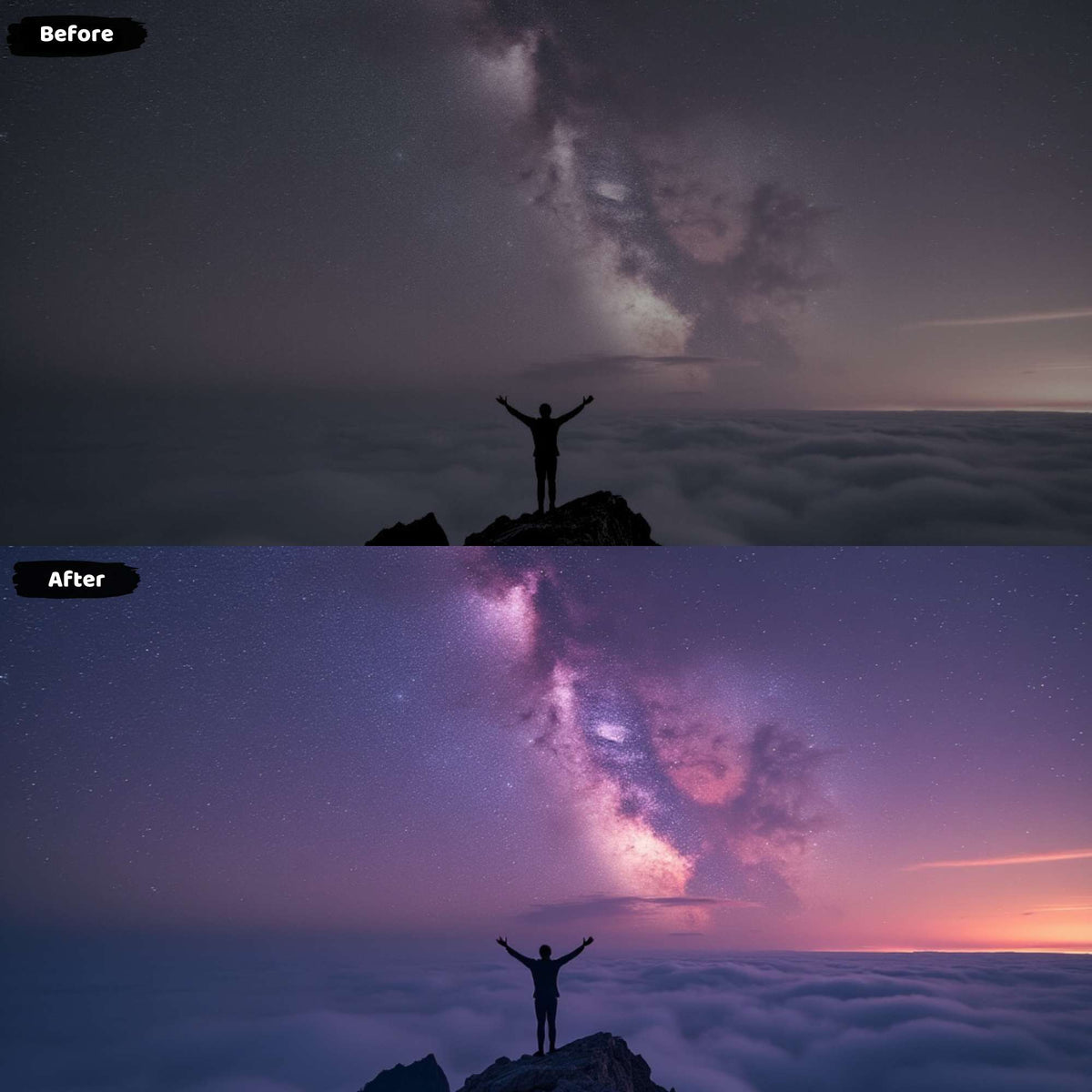 Human silhouette on mountain peak under vibrant Milky Way: astrophotography Lightroom preset before and after