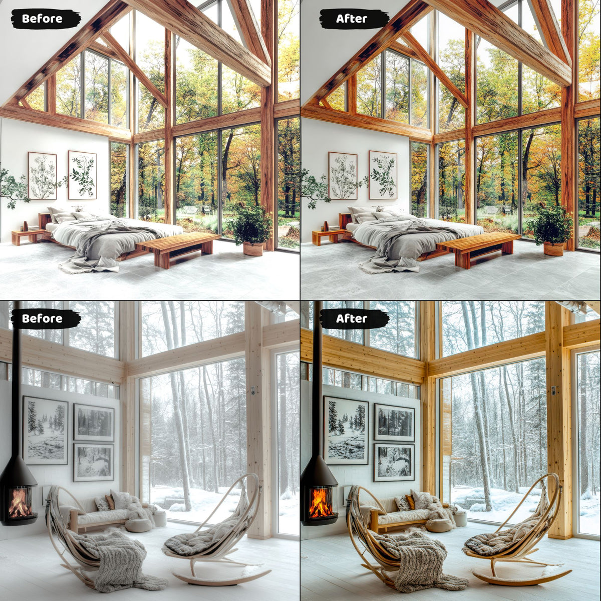 Real estate lightroom presets enhancing images of nature-inspired interiors with large windows overlooking autumn and winter forest scenes.