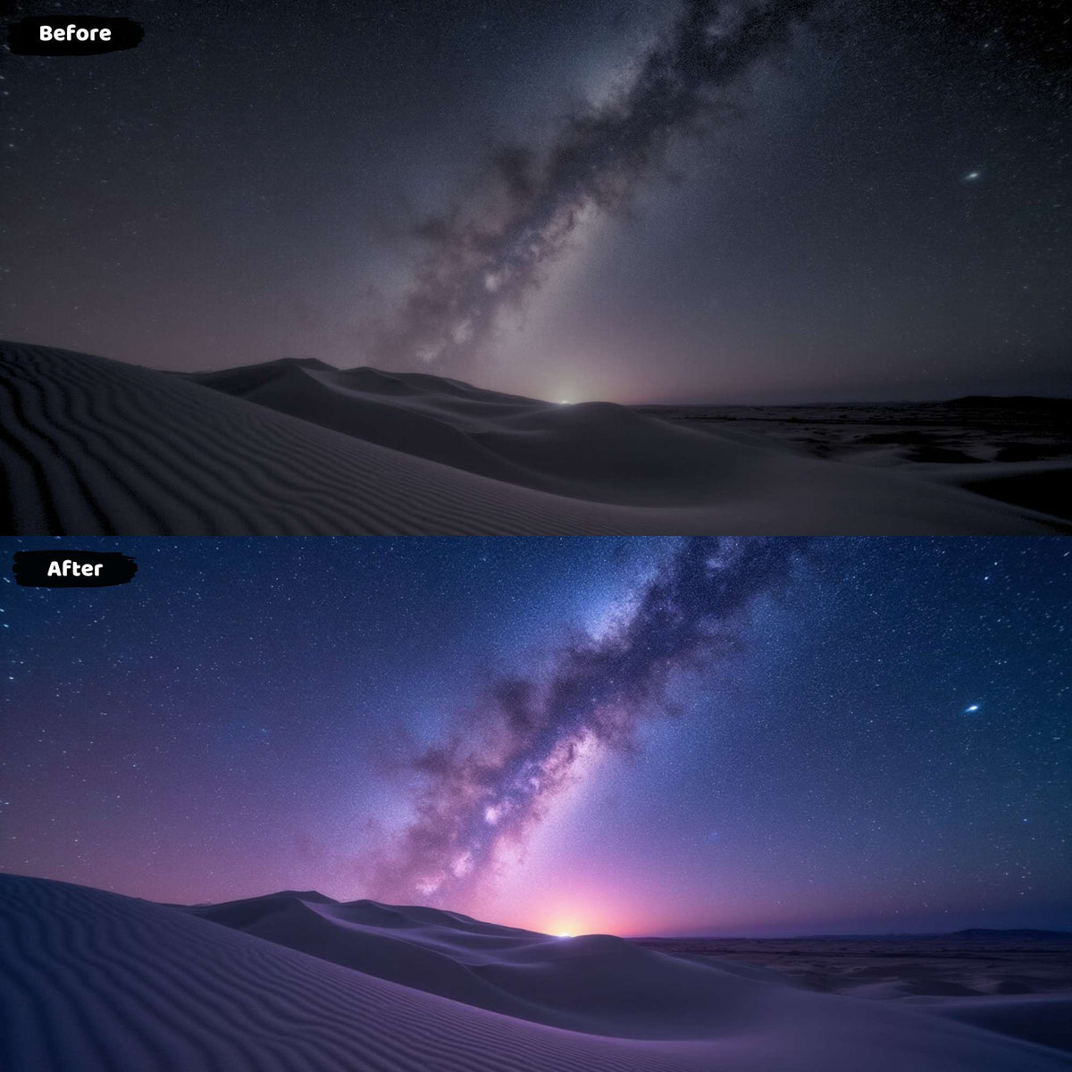 Desert dunes under Milky Way: astrophotography Lightroom preset before and after transformation