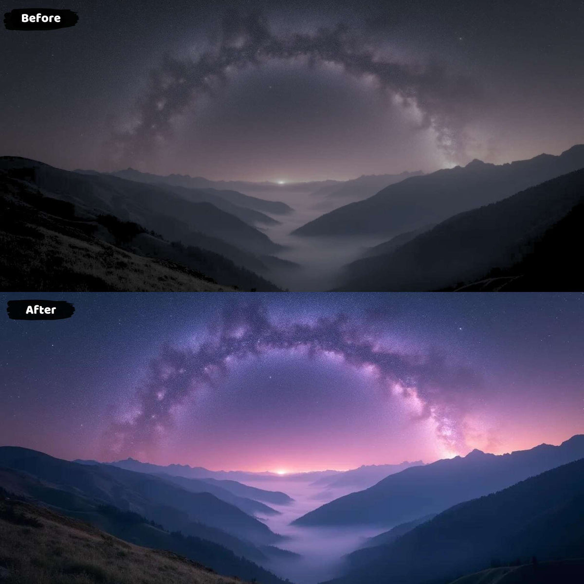 Milky Way arching over misty valley: night sky photography Lightroom preset comparison